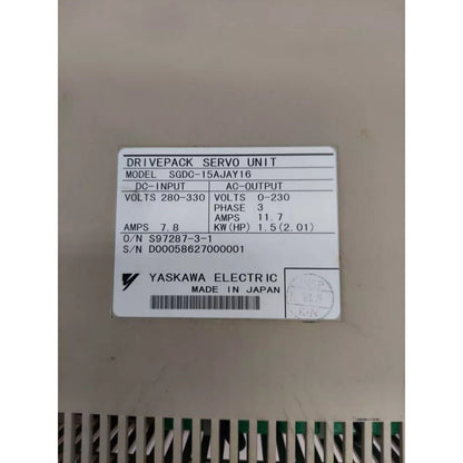 YASKAWA SGDC-15AJAY16 Servo Drive, 1.5KW, Made in Japan, industrial automation part. Drivepack unit label.