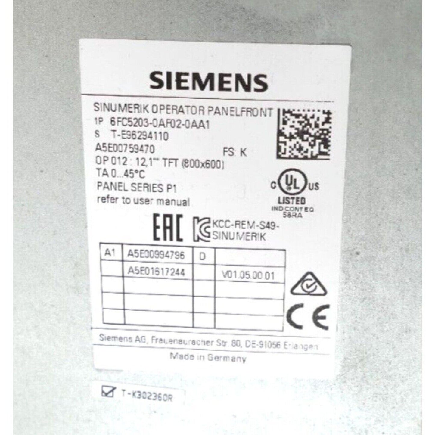 Siemens SINUMERIK operator panel label, 6FC5203-0AF02-0AA1, industrial automation part, Made in Germany