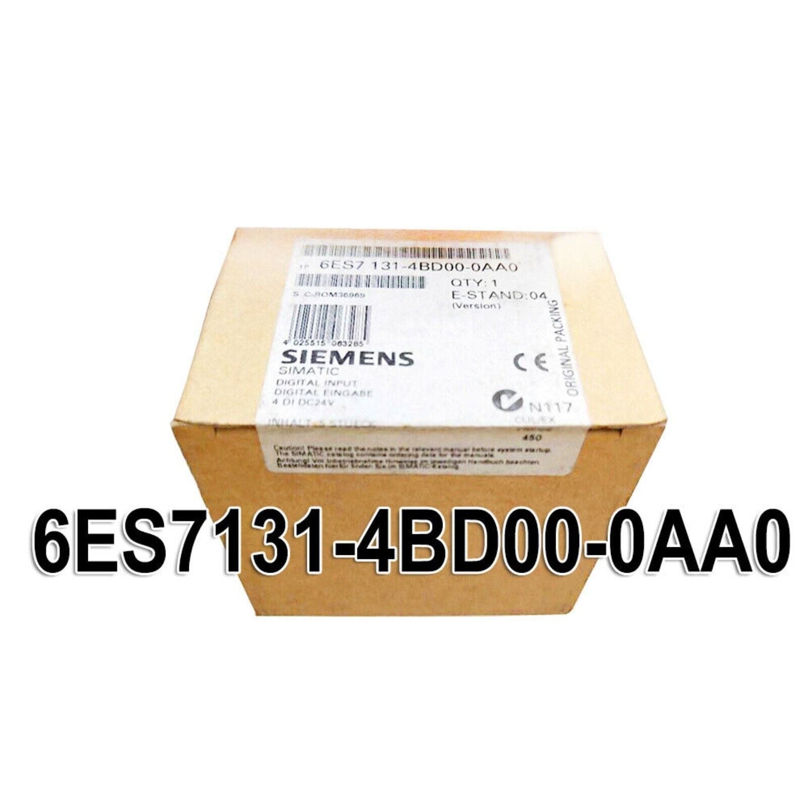 Siemens 6ES7 131-4BD00-0AA0 SIMATIC S7-1200 Digital Input Module box, brown packaging, product details visible.