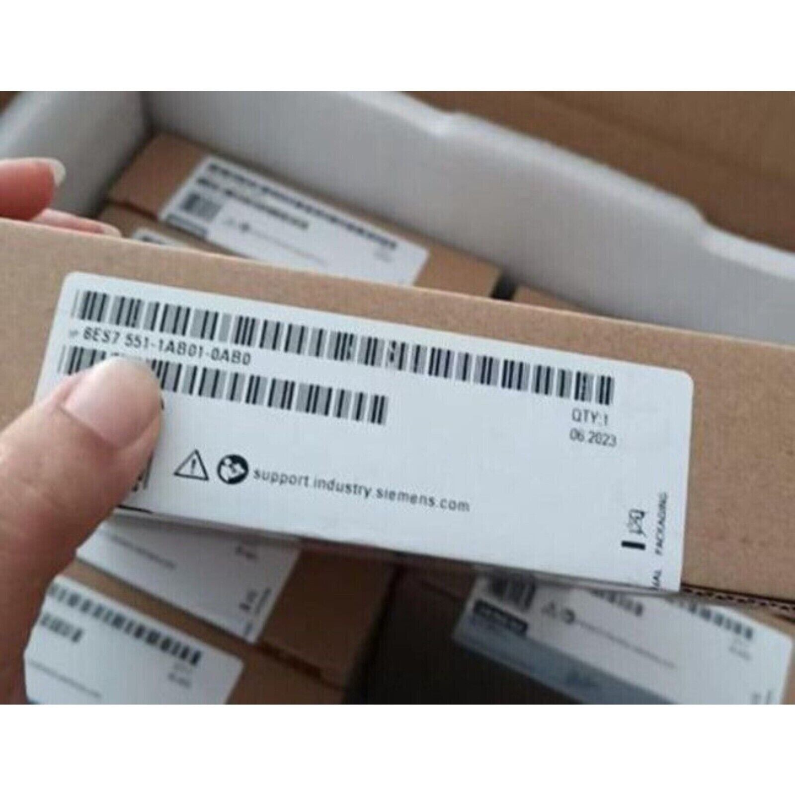 Siemens S7-1500 module box label, barcode, model 6ES7 551-1AB01-0AB0, with support industry siemens.com text.