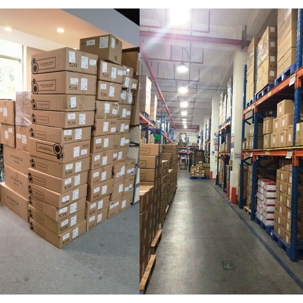 Warehouse of industrial automation parts, stacked boxes of Public Address System ready for shipping, Radwell International