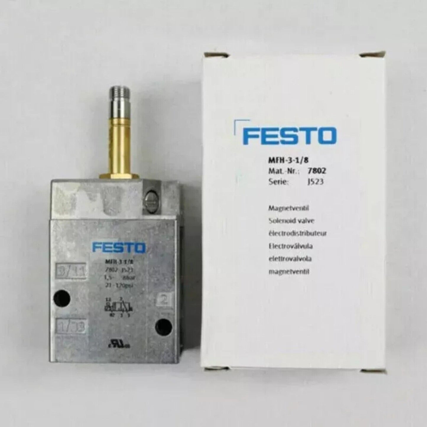Festo MFH-3-1/8 Solenoid Valve, industrial automation part, 1.5-8Bar, 21-120psi, with product details.
