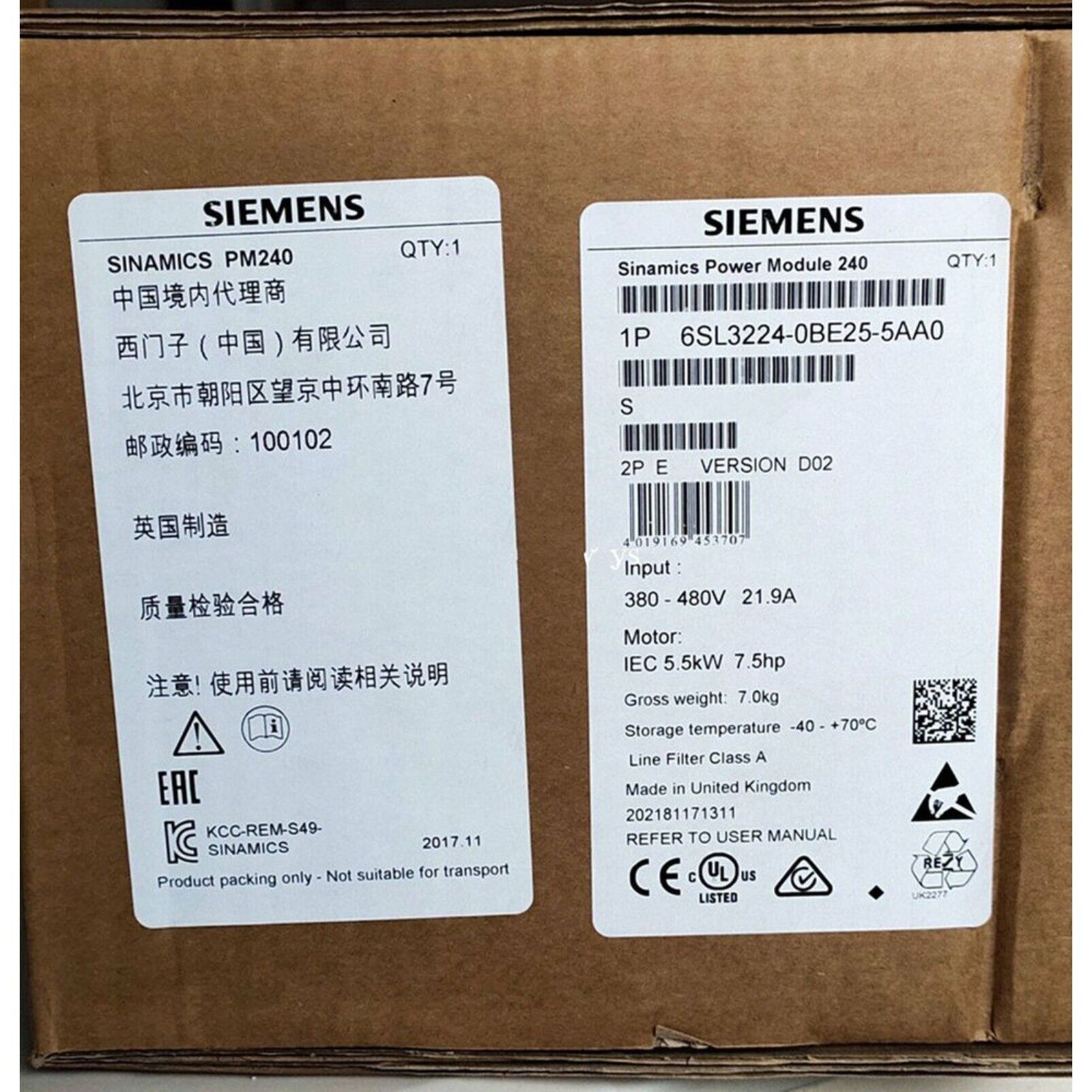 Siemens SINAMICS PM240 Power Module 6SL3224-0BE25-5AA0, industrial automation part label, Made in UK.