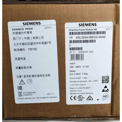 Siemens SINAMICS PM240 Power Module 6SL3224-0BE25-5AA0, industrial automation part label, Made in UK.