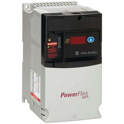 Allen-Bradley PowerFlex 40P AC Drive, industrial equipment, black and white. AB Allen-Bradley label, PowerFlex 40P logo