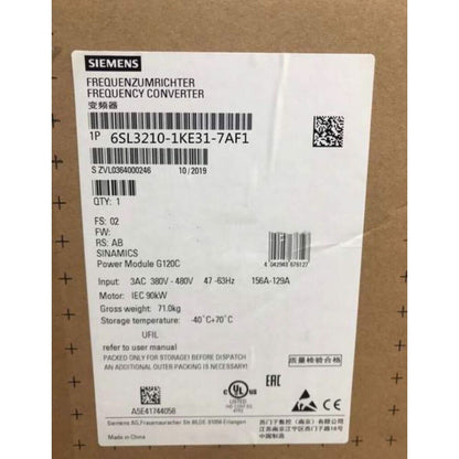 Siemens SINAMICS G120C Power Module 6SL3210-1KE31-7AF1 label, industrial automation part