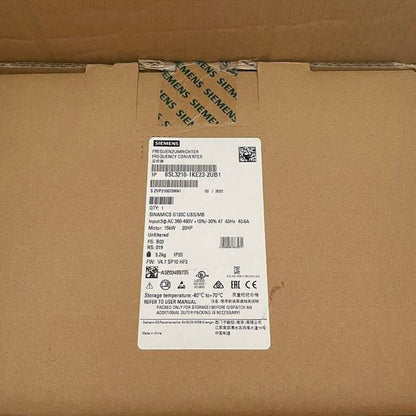 Siemens SINAMICS G120C Frequency Converter, model 6SL3210-1KE23-2UB1, industrial automation equipment in brown box.