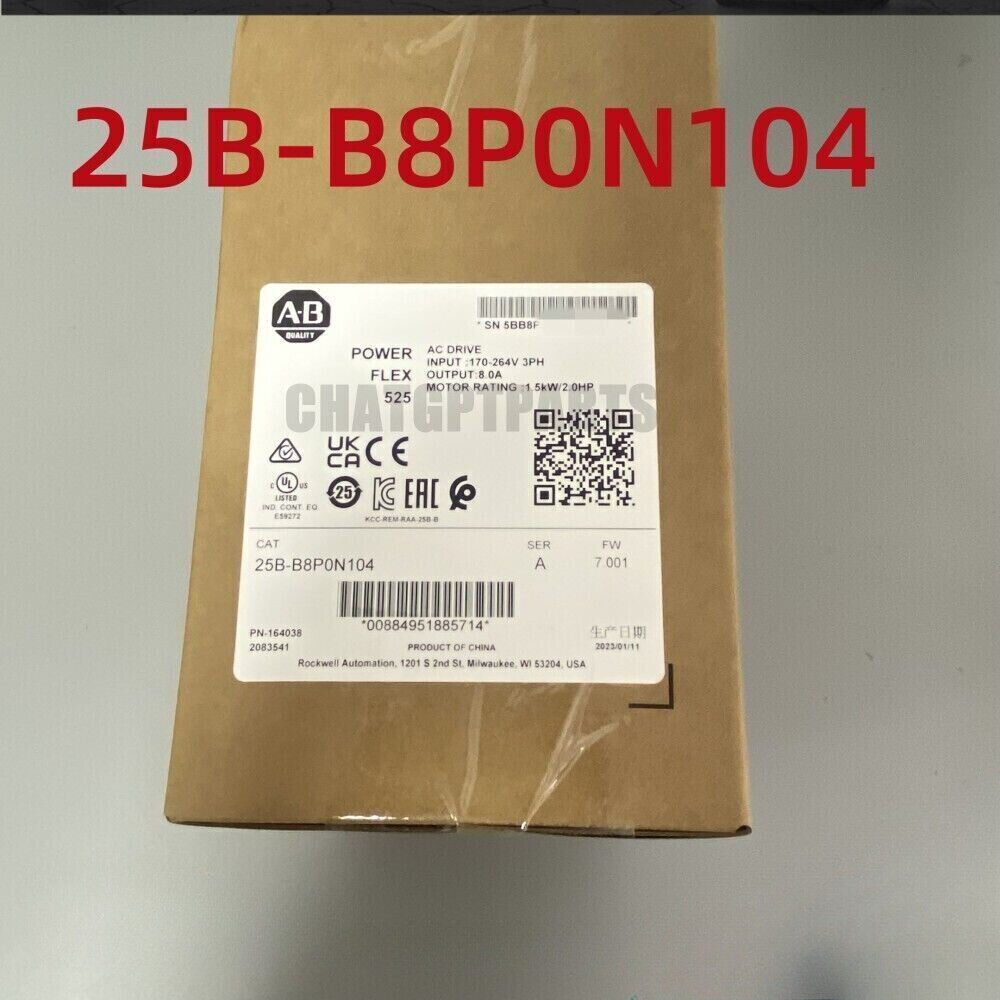 Allen-Bradley PowerFlex 525 AC Drive 25B-B8P0N104, 1.5kW, 2.0Hp, Box, New, SEALED. EtherNet/IP.