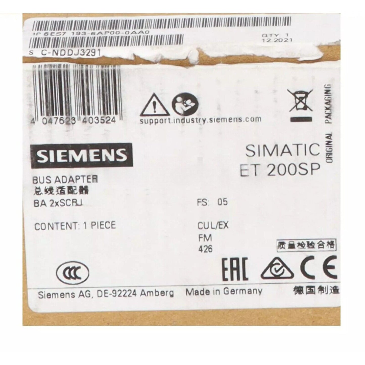 Siemens SIMATIC ET 200SP BusAdapter with product details and certifications, industrial automation part.