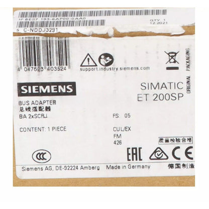 Siemens SIMATIC ET 200SP BusAdapter with product details and certifications, industrial automation part.