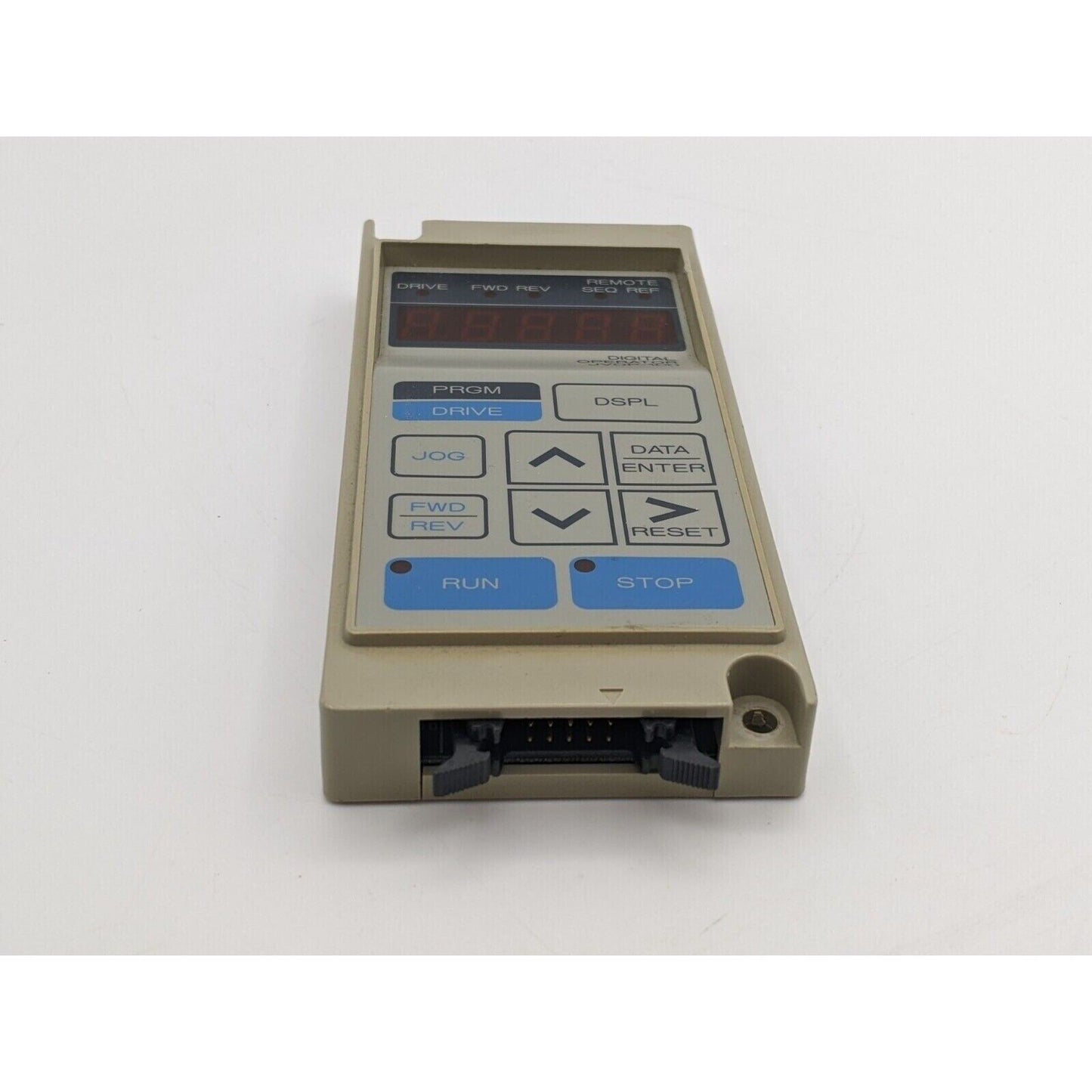 Yaskawa JVOP-100 Digital Operator Keypad for Varispeed Series. Features buttons for Run, Stop, and data input.
