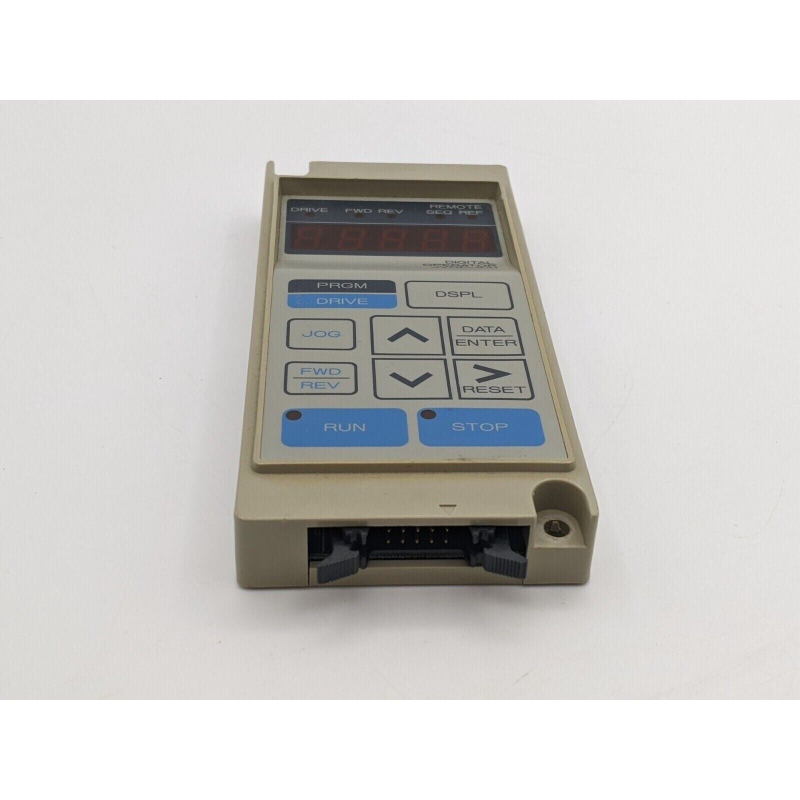 Yaskawa JVOP-100 Digital Operator Keypad for Varispeed Series. Features buttons for Run, Stop, and data input.