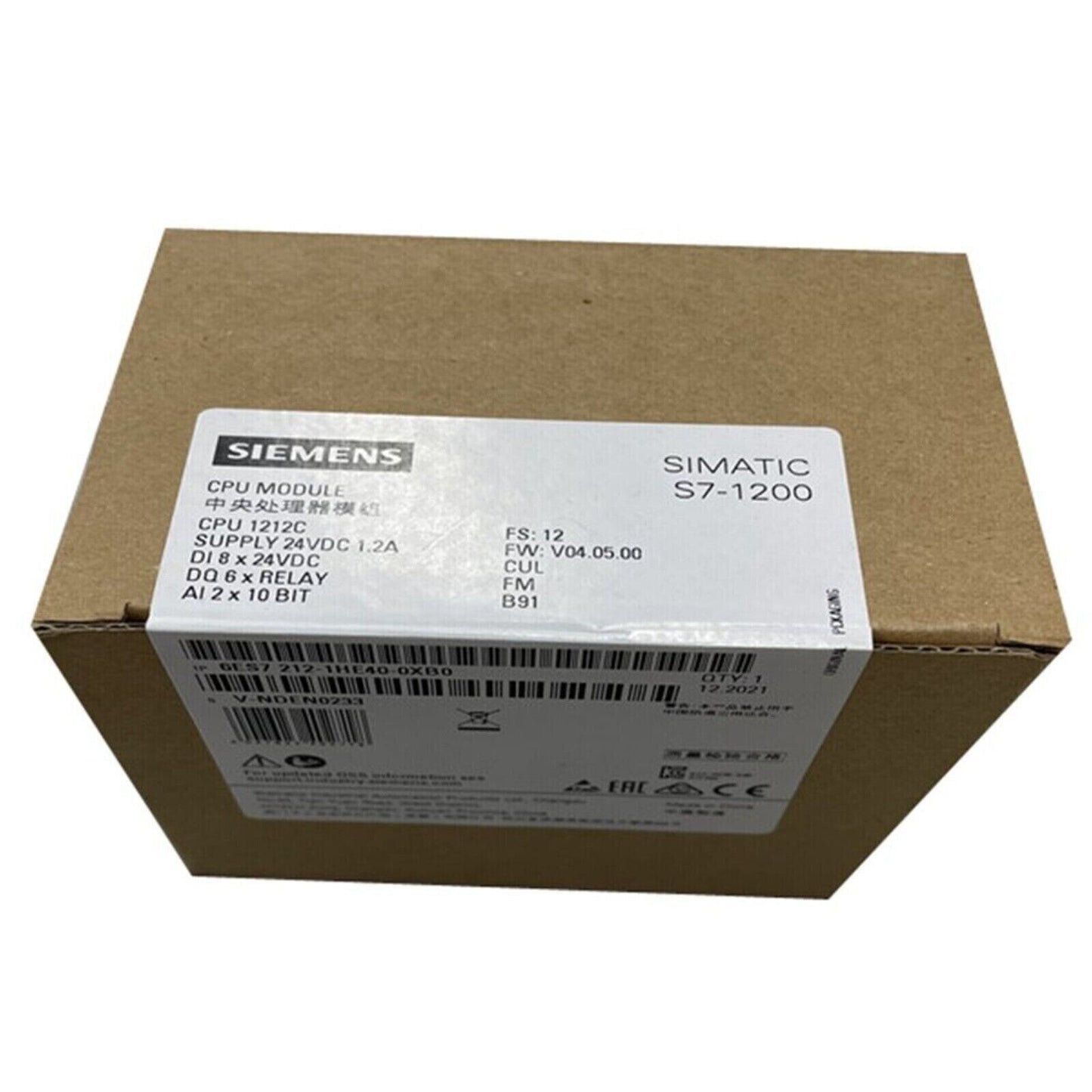 Siemens SIMATIC S7-1200 CPU 1212C PLC module in its original packaging. Features digital and analog I/O.