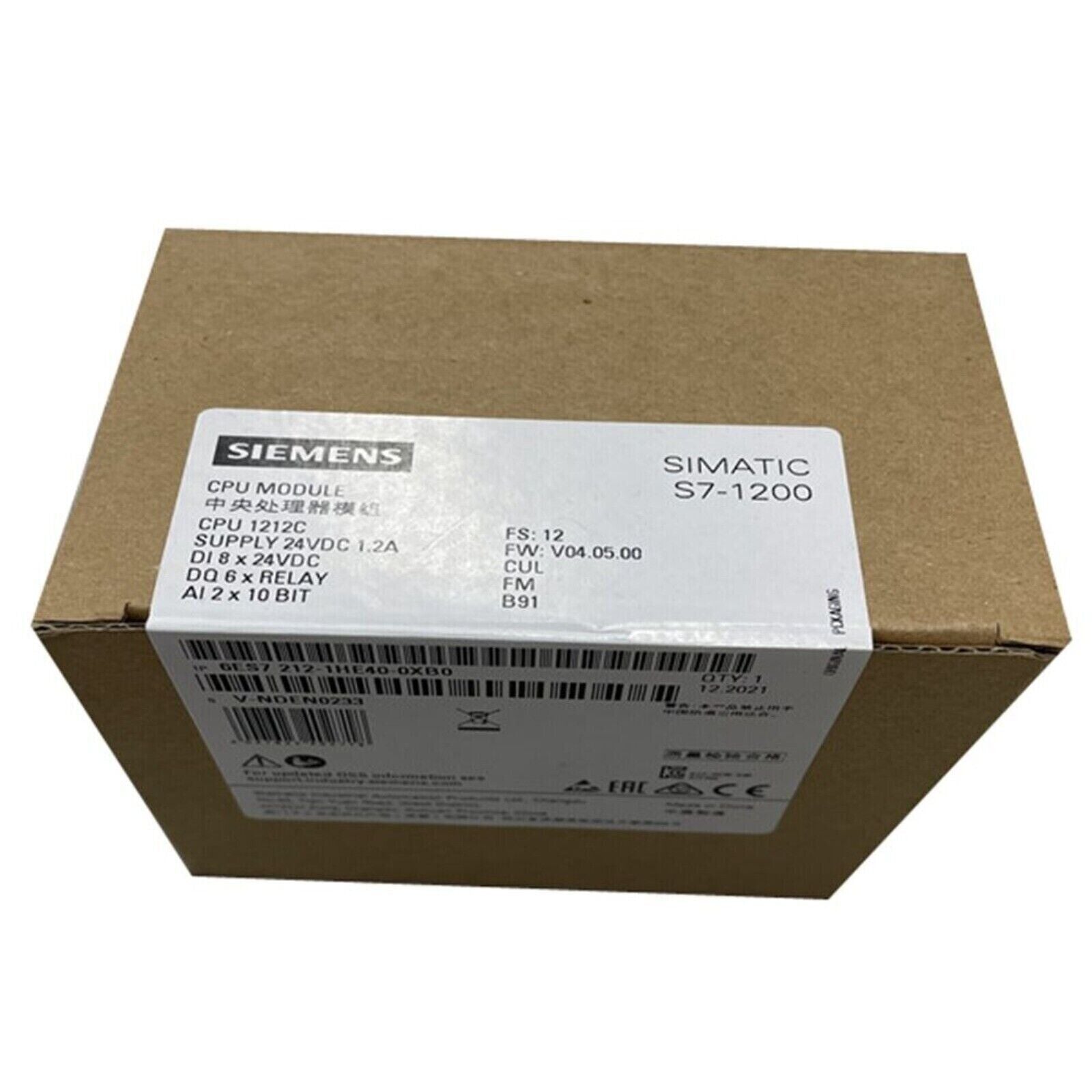 Siemens SIMATIC S7-1200 CPU 1212C PLC module in its original packaging. Features digital and analog I/O.