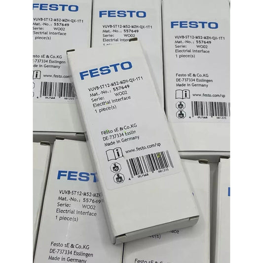 Festo VUVB-ST12-M52-MZH-QX-1T1 Solenoid Valve product packaging, Made in Germany, electrical interface