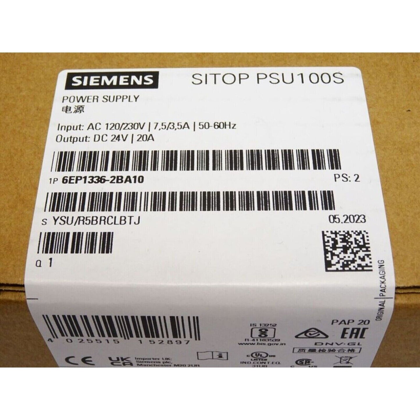 Siemens SITOP PSU100S power supply product label with specifications, industrial automation component