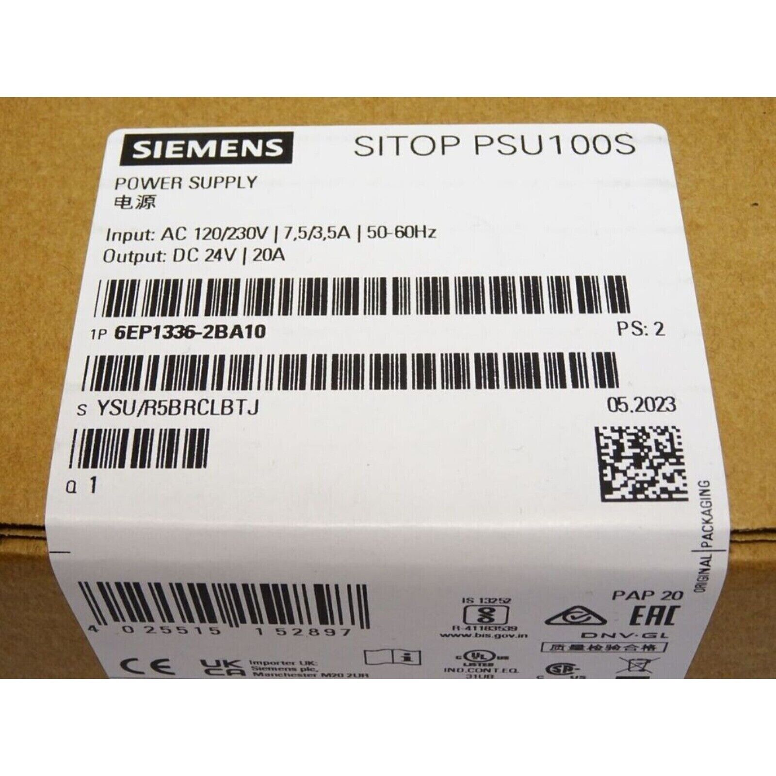 Siemens SITOP PSU100S power supply product label with specifications, industrial automation component