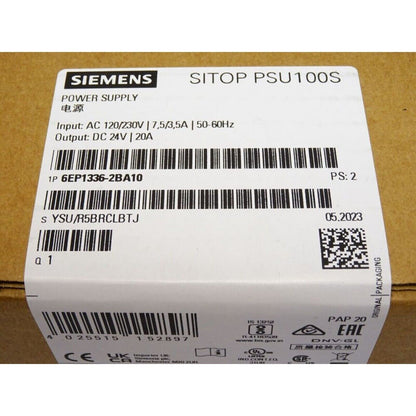 Siemens SITOP PSU100S power supply product label with specifications, industrial automation component