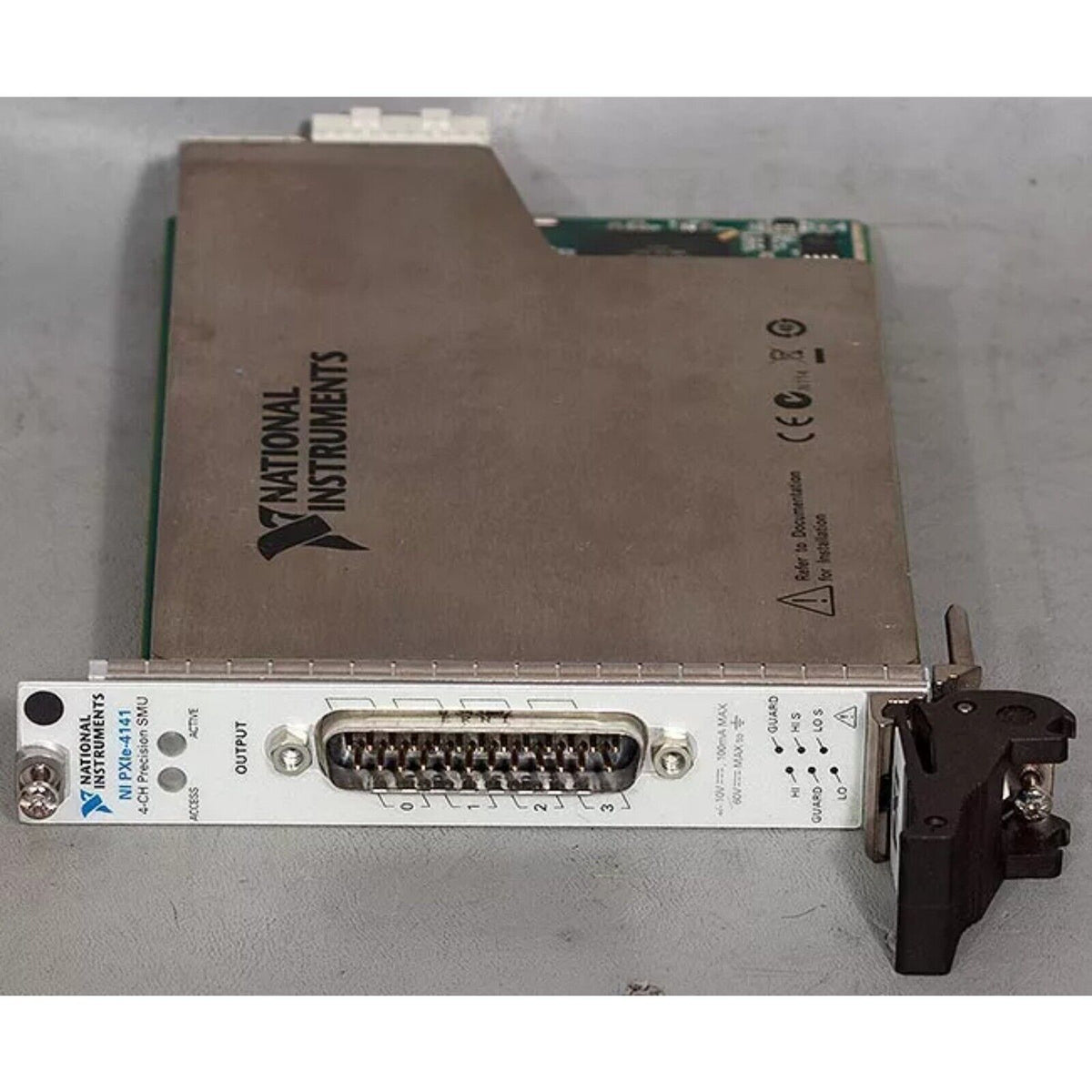 National Instruments PXIe-4141 PXI module, 4-CH precision SMU, industrial automation component, with output connector.