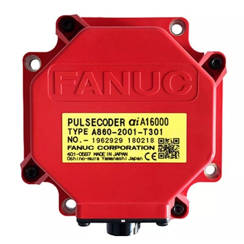 FANUC A860-2001-T301 Servo Motor Encoder. Red Pulse Coder with key details.