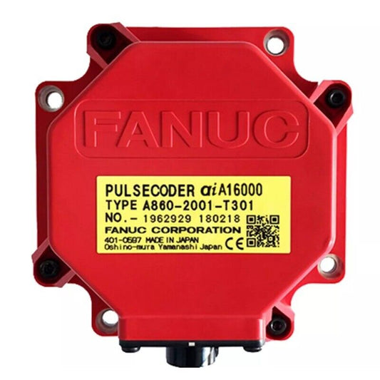 FANUC A860-2001-T301 Servo Motor Encoder. Red Pulse Coder with key details.