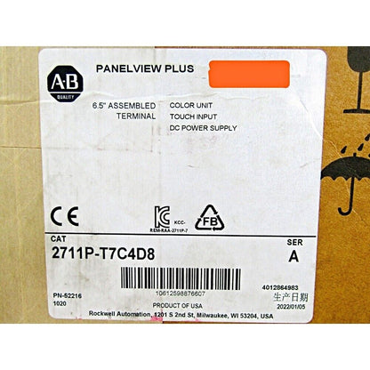 Allen-Bradley PanelView Plus 6 700, 2711P-T7C4D8, assembled terminal, color unit with touch input, DC power supply.