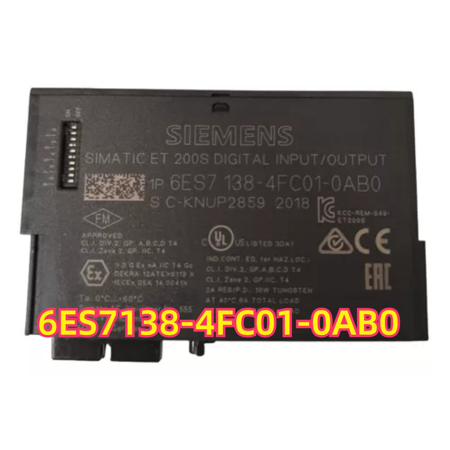 Siemens SIMATIC ET 200S digital I/O module 6ES7138-4FC01-0AB0, with clear product markings and safety certifications.