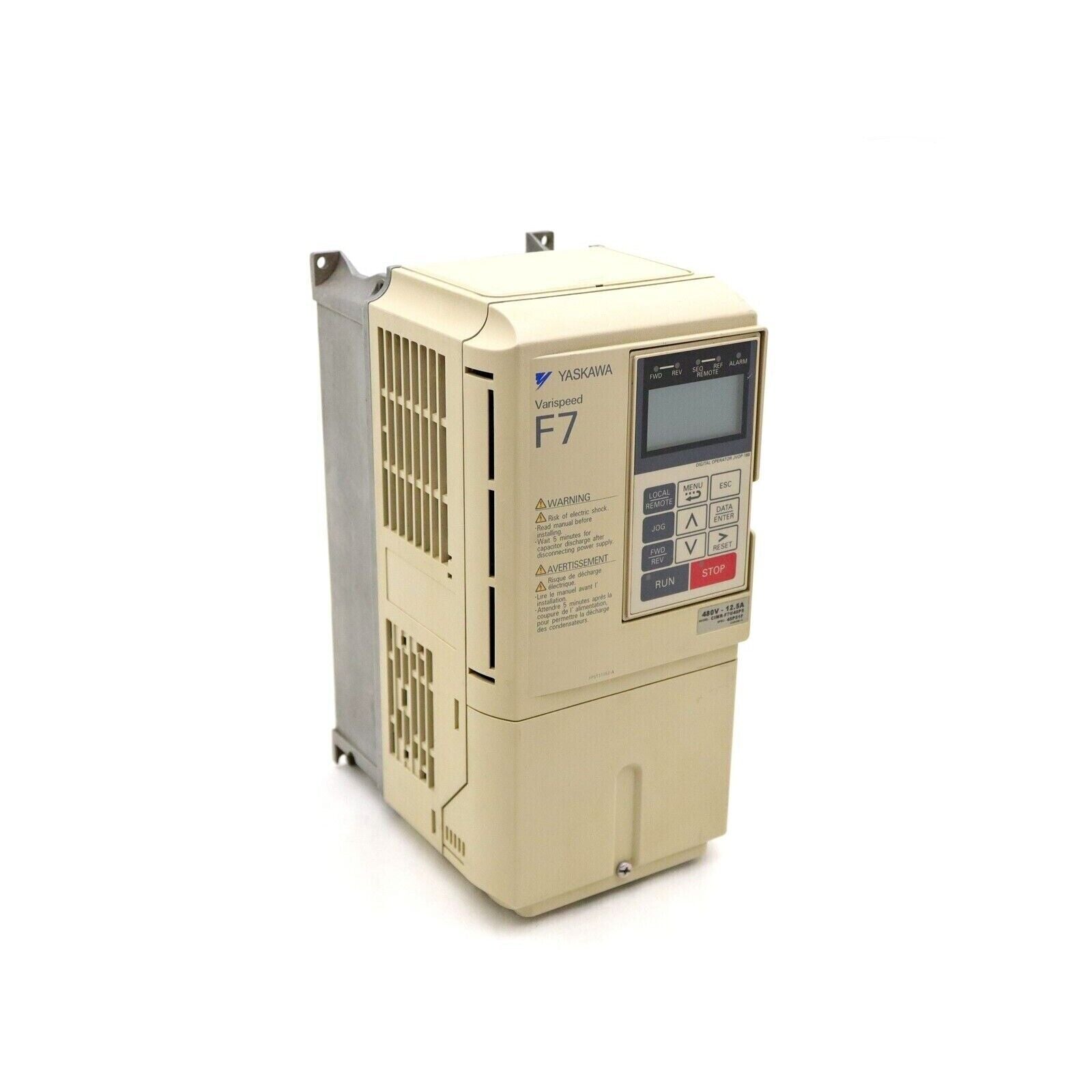 YASKAWA F7 AC Drive. Beige industrial automation equipment with control panel, used for motor control.