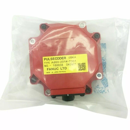 FANUC A860-2014-T301 Servo Motor Encoder, red and plastic housing with label indicating product details, Made in Japan.