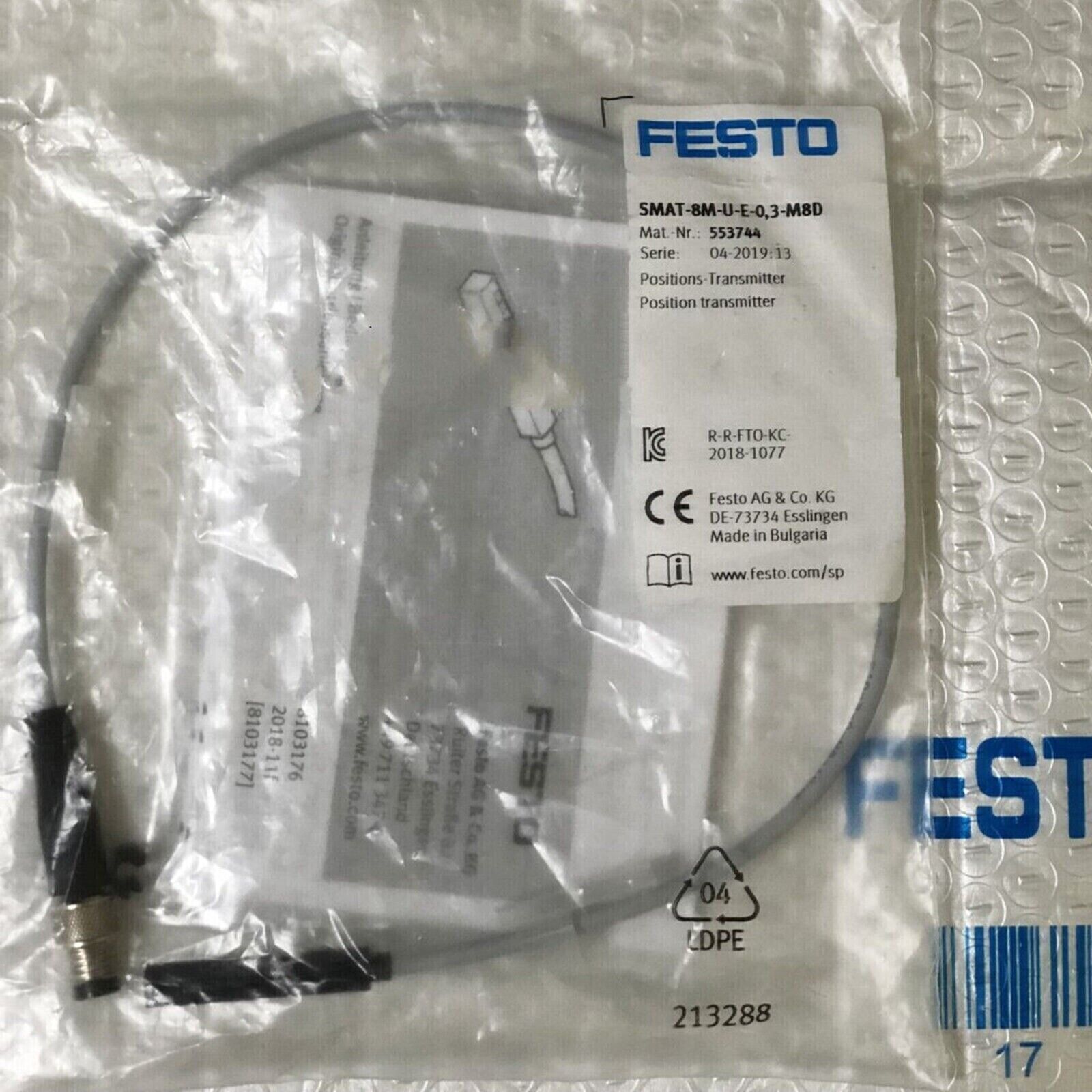 Festo SMAT-8M-U-E-0.3-M8D position transmitter in packaging, industrial automation part.