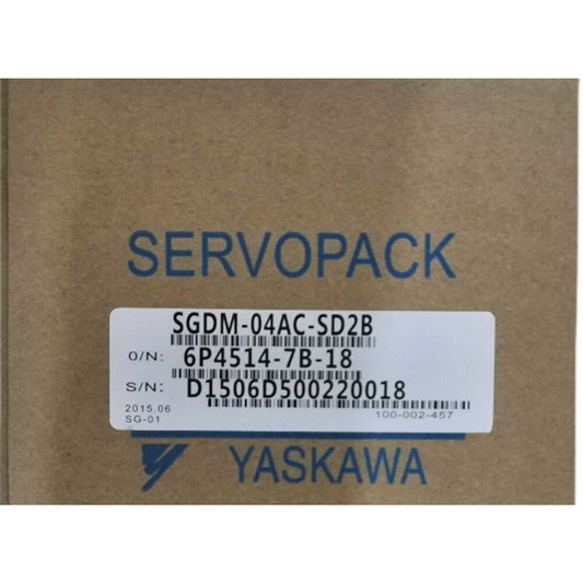 YASKAWA SGDM-04AC-SD2B Servo Drive Packaging. Includes Model Number, Serial Number, and SERVOPACK branding.