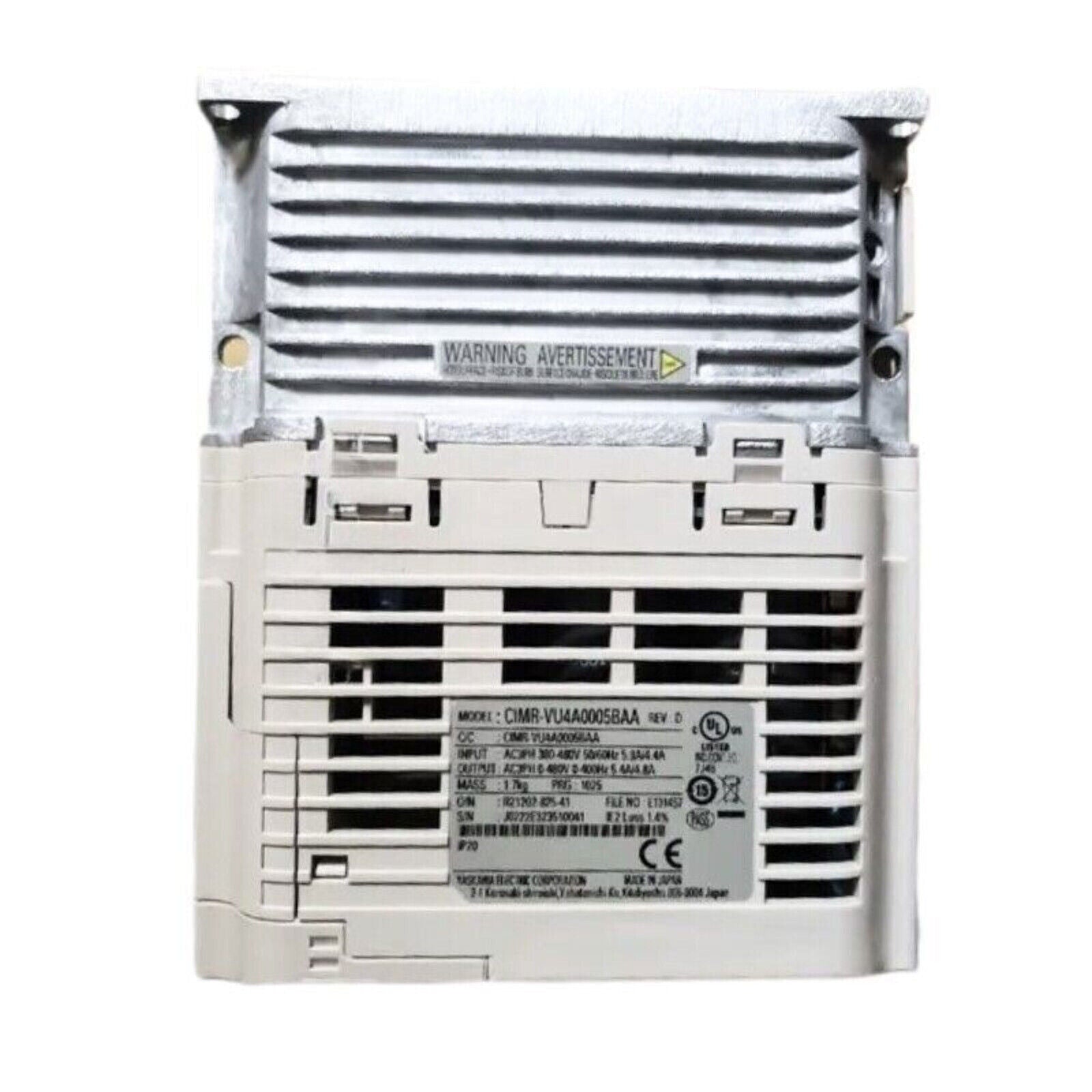 YASKAWA CIMR-VU4A0005BAA frequency inverter, industrial automation equipment, featuring a warning label and specifications.