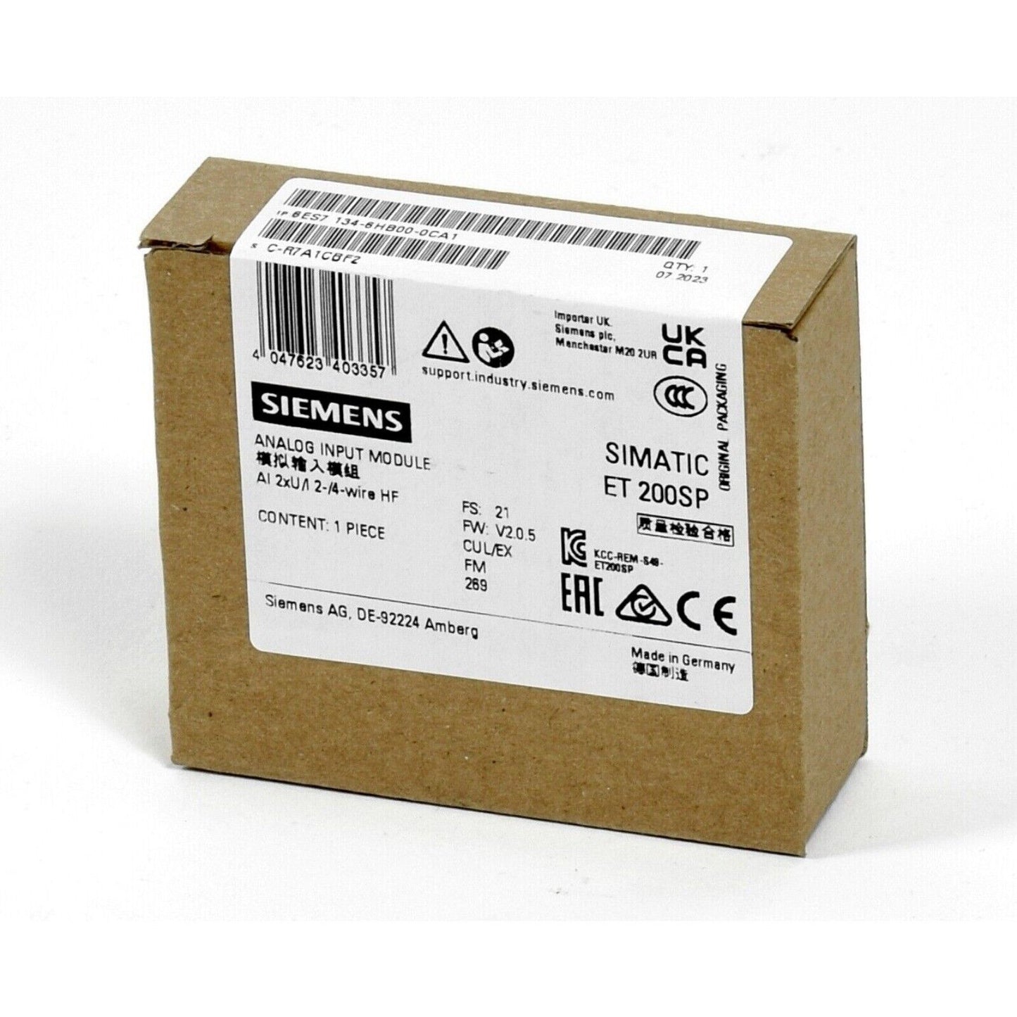 Siemens SIMATIC ET 200SP Analog Input Module packaging, part number 6ES7134-6HB00-0CA1, Made in Germany.