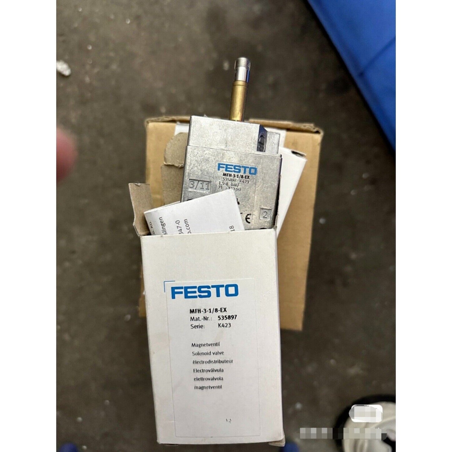 Festo MFH-3-1/8-EX solenoid valve in packaging, industrial automation part, code 535897.