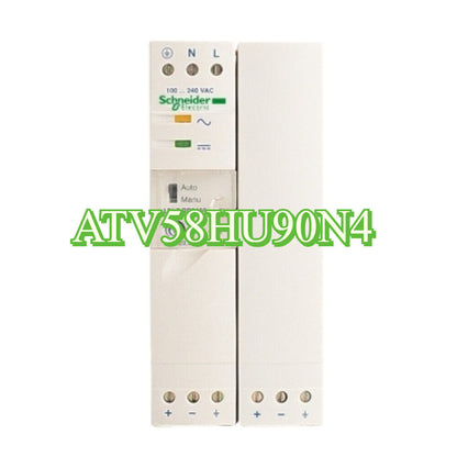 Schneider Electric ATV58HU90N4 VFD, front view showing model details and terminal blocks, electrical components.