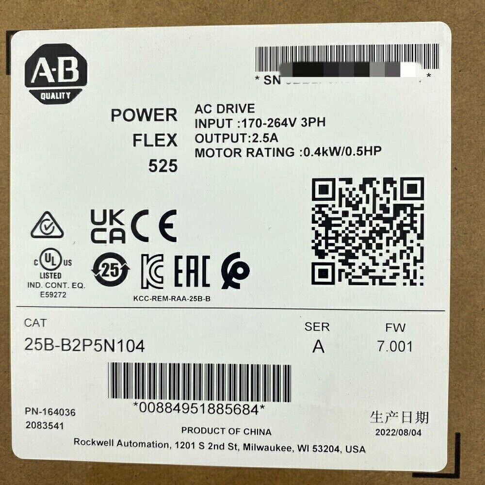 Allen-Bradley PowerFlex 525 AC Drive 25B-B2P5N104 label, input 170-264V, 2.5A output, industrial motor control.