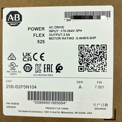 Allen-Bradley PowerFlex 525 AC Drive 25B-B2P5N104 label, input 170-264V, 2.5A output, industrial motor control.