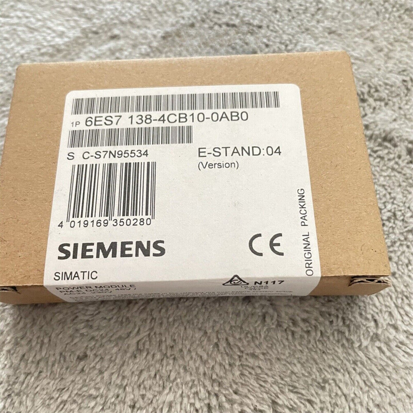 Siemens SIMATIC ET 200S PM-E Power Module box, part number 6ES7 138-4CB10-0AB0, industrial automation component.