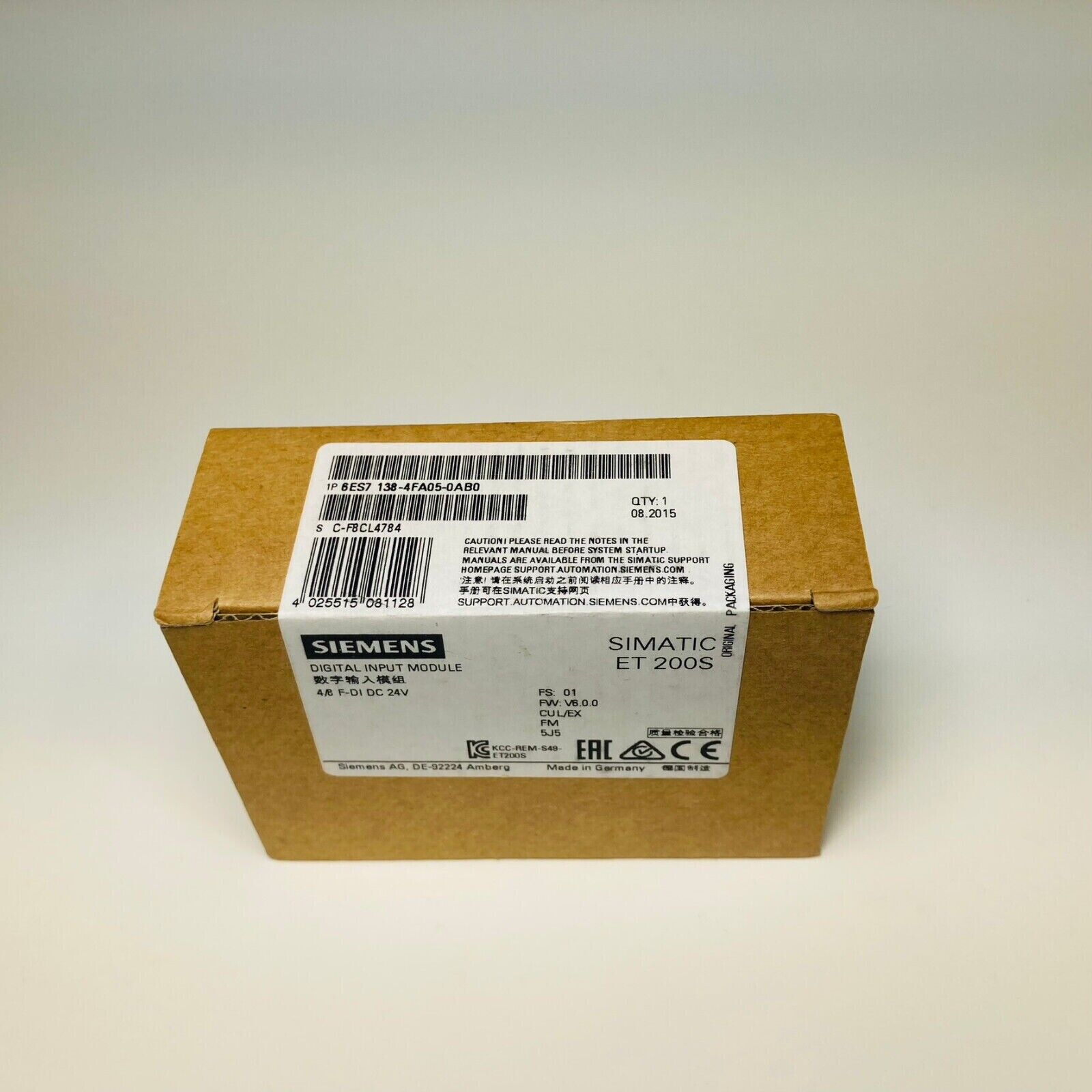 Siemens SIMATIC ET 200S Digital Input Module 6ES7 138-4FA05-0AB0, original packaging with product info.