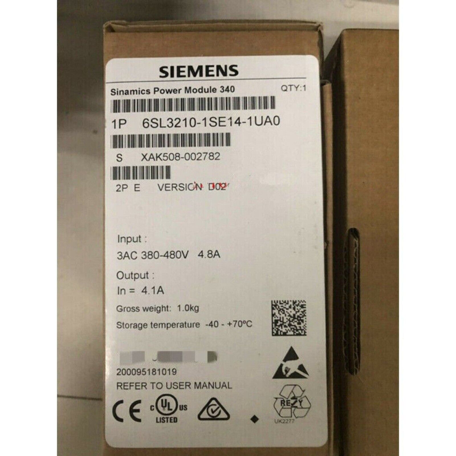 Siemens SINAMICS Power Module 340, model 6SL3210-1SE14-1UA0, industrial automation part