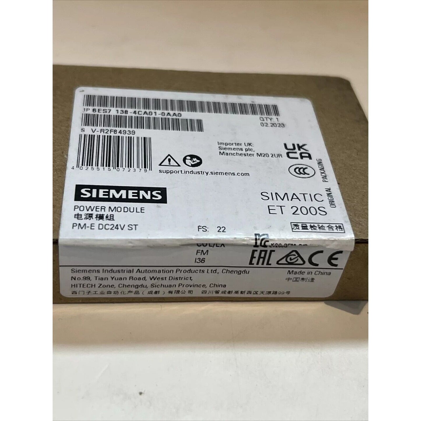 Siemens SIMATIC ET 200S PM-E DC24V ST Power Module, packaging label with product details and specifications.
