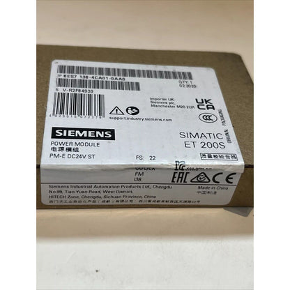 Siemens SIMATIC ET 200S PM-E DC24V ST Power Module, packaging label with product details and specifications.