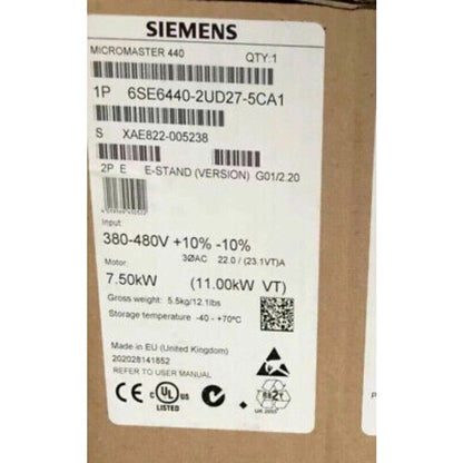 Siemens MICROMASTER 420 frequency inverter label, 6SE6440-2UD27-5CA1 specifications: 7.5kW, 380-480V, industrial automation
