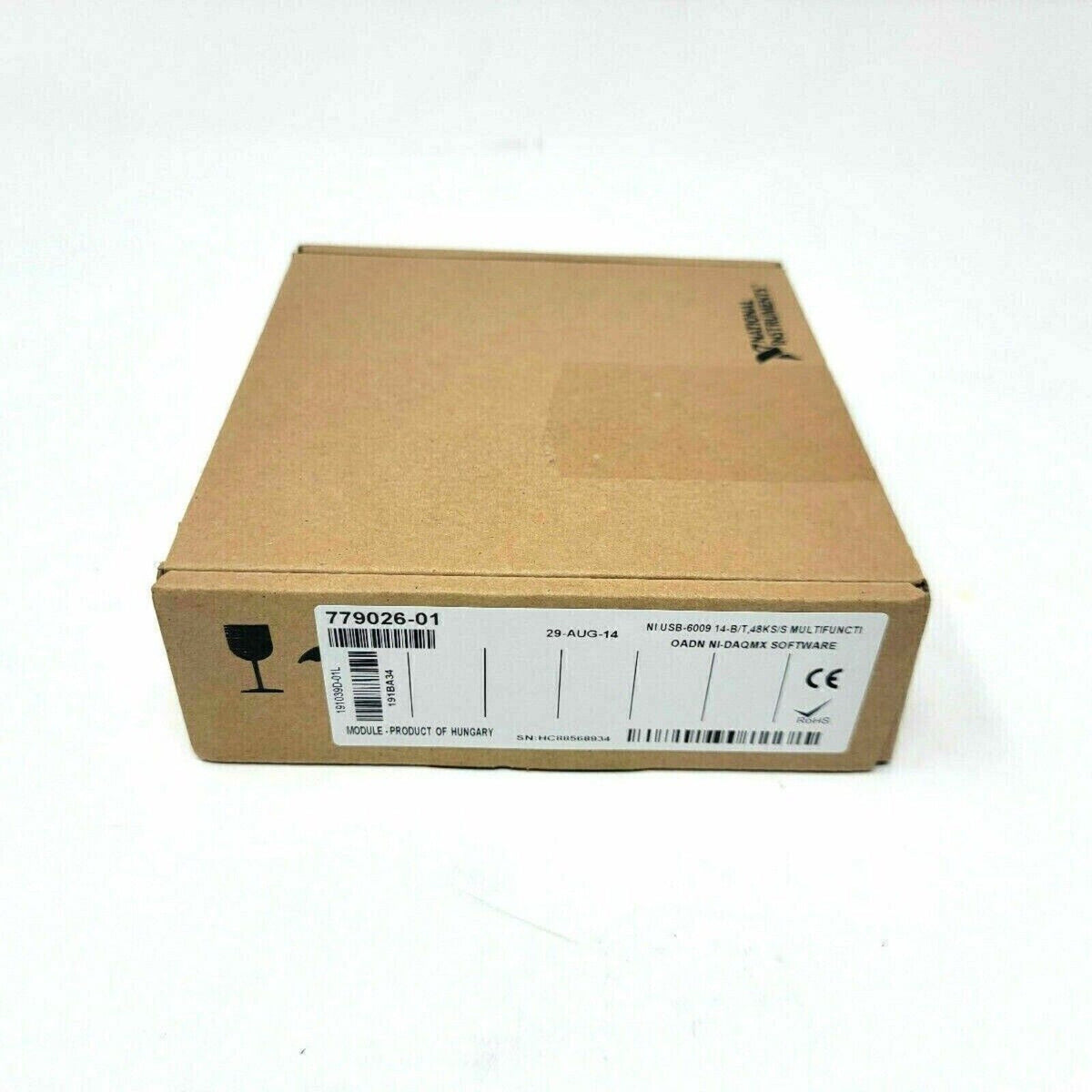 National Instruments USB-6009 I/O Device box, Product of Hungary, with certifications. Contains NI-DAQMX software.