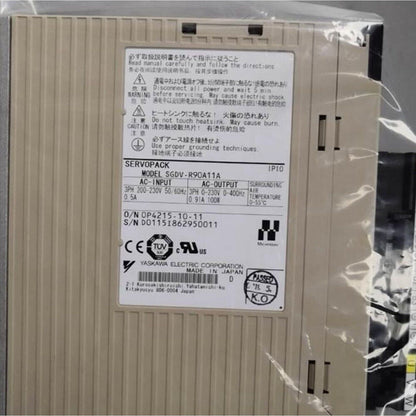 YASKAWA SGDV-R90A11A Servo Drive, industrial automation part, beige color. Shows product specifications and warnings.