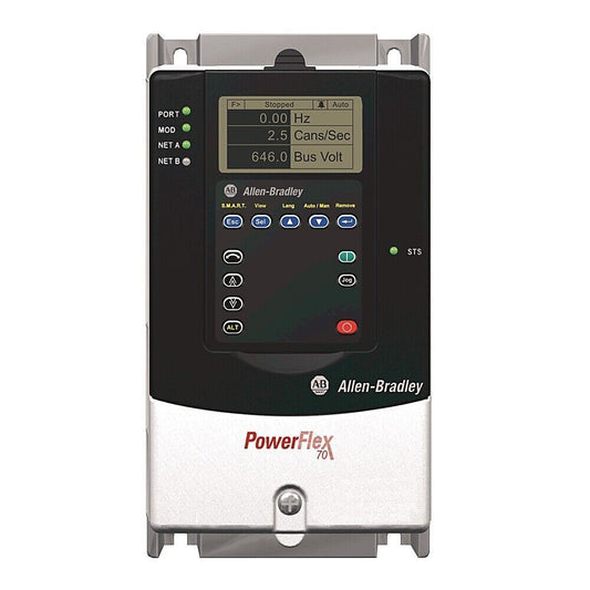 Allen-Bradley PowerFlex 70 AC Drive, showing display with Hz and Volts readings.
