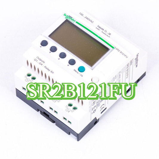 Schneider SR2-B121FU Relay, industrial automation component, white with display and buttons, 8A relay output.