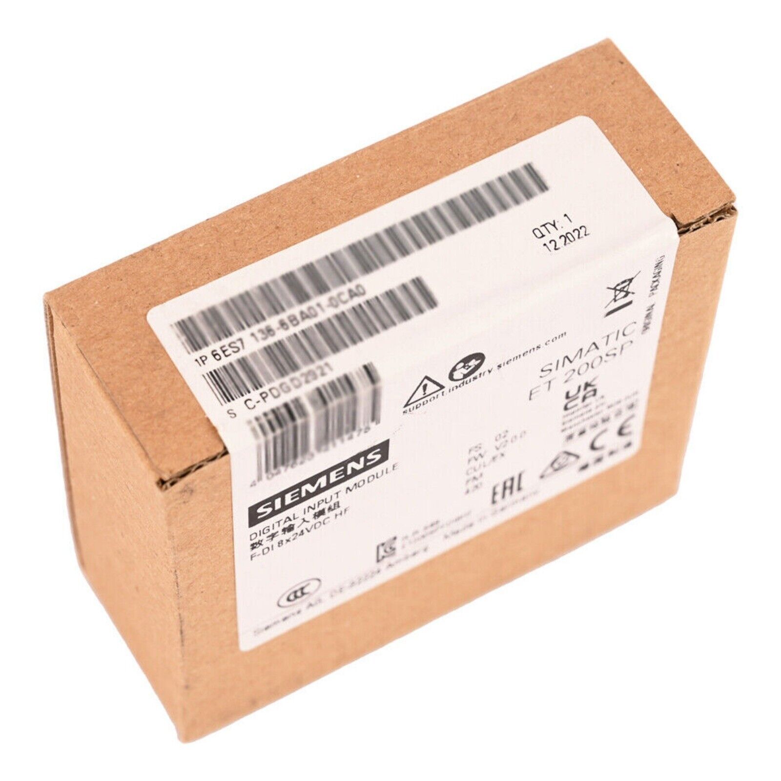 Siemens SIMATIC ET 200SP digital input module packaging, product label with model number 6ES7 136-6BA01-0CA0.