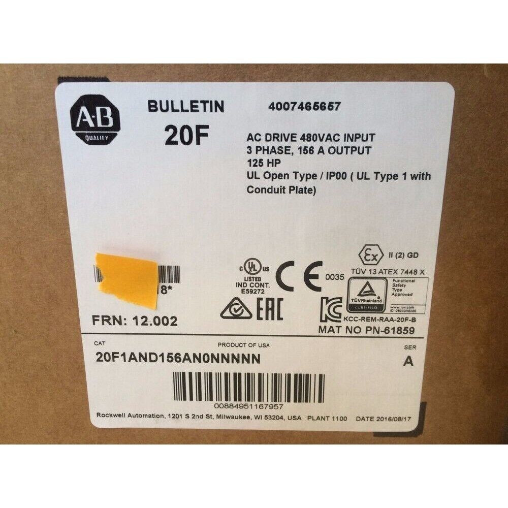 Allen-Bradley PowerFlex 753 drive label, 20F1AND156AN0NNNNN, AC Drive 480VAC, 156A output, for industrial motor control.