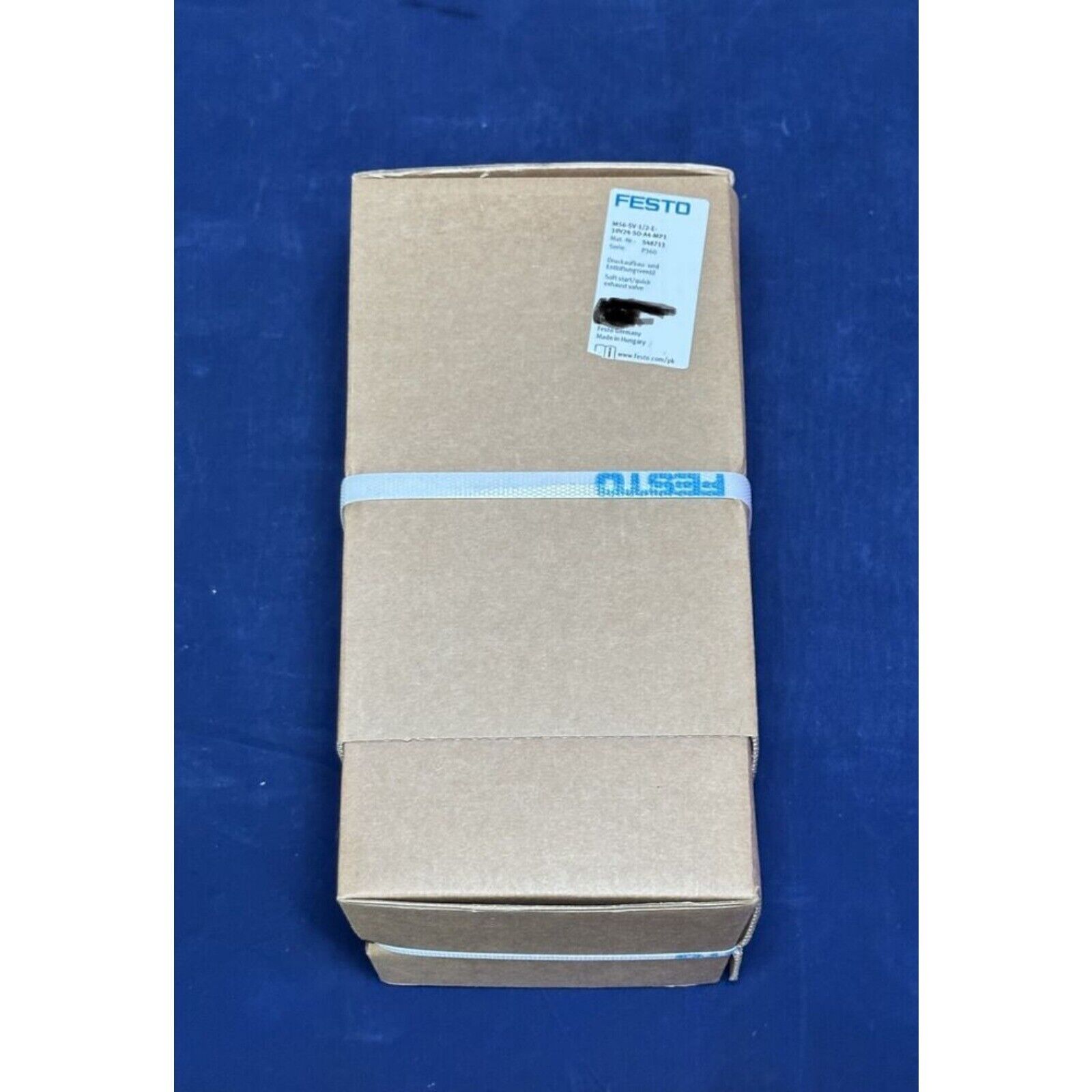 Festo MS6-SV-1/2-E-10v24-SO-A4-MP pneumatic valve in packaging box with label and branded tape